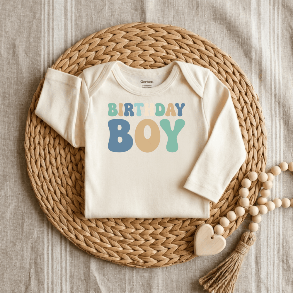 Retro Birthday Boy Bubble Letters Baby Onesie® | Boys Outfit - Okum Tees