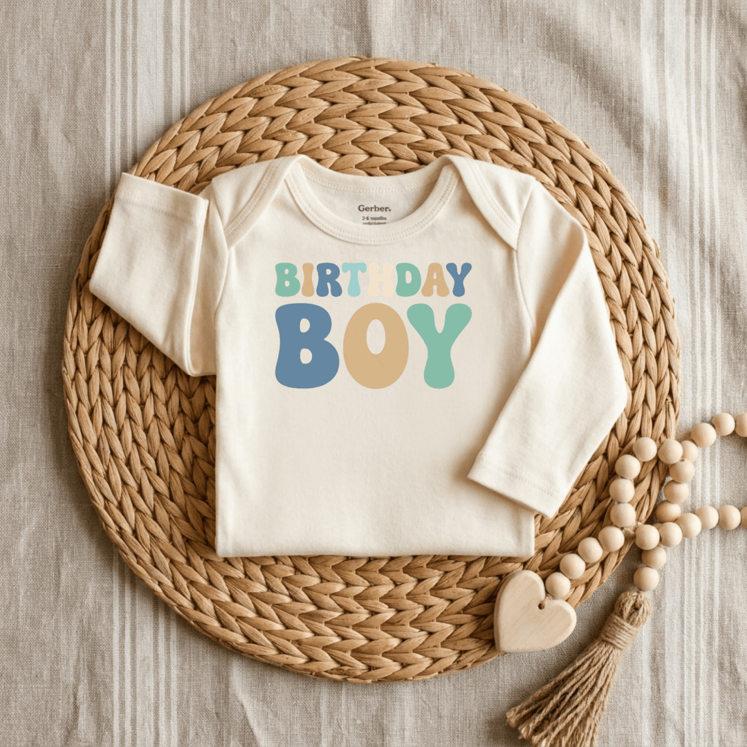 Retro Birthday Boy Bubble Letters Baby Onesie® | Boys Outfit - Okum Tees