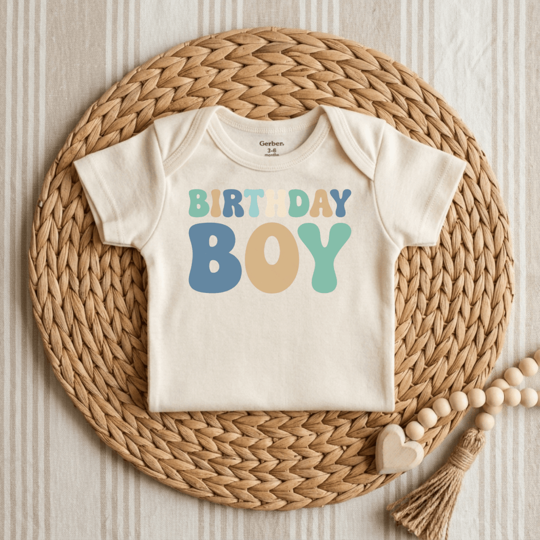 Retro Birthday Boy Bubble Letters Baby Onesie® | Boys Outfit - Okum Tees
