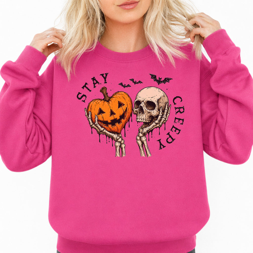 Stay Creepy Halloween Sweatshirt in Heliconia — Okum Tees