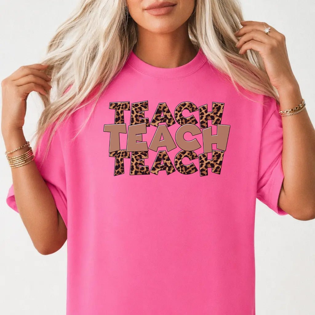 Trendy Leopard Teach Shirt - Stylish Teacher Pride Clothing - Neon Pink - T-Shirt - Okum Tees