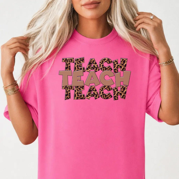 Trendy Leopard Teach Shirt - Stylish Teacher Pride Clothing - Neon Pink - T-Shirt - Okum Tees