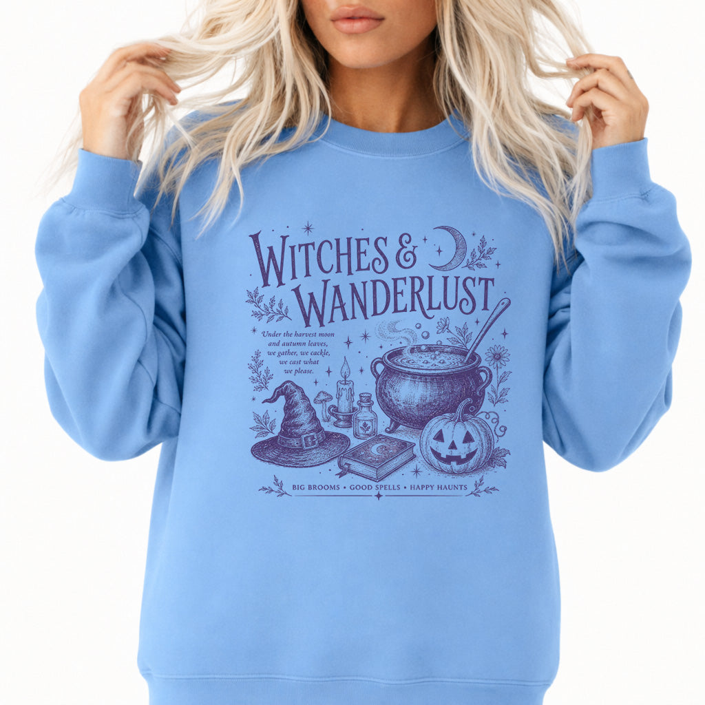 Witches and Wanderlust Halloween Sweatshirt in Carolina Blue — Okum Tees